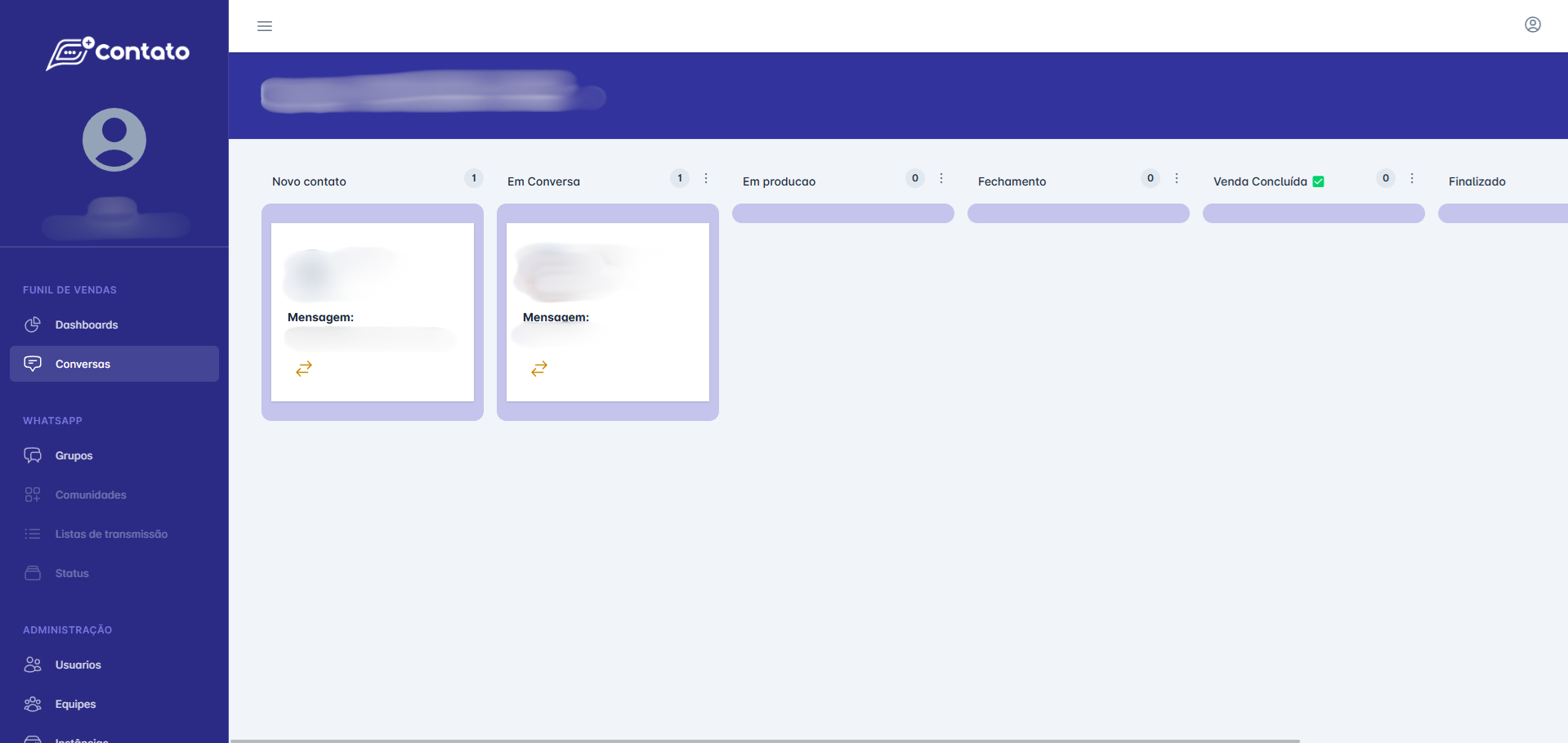 Tela do sistema Mais Contato com conversas de clientes organizadas em um painel.