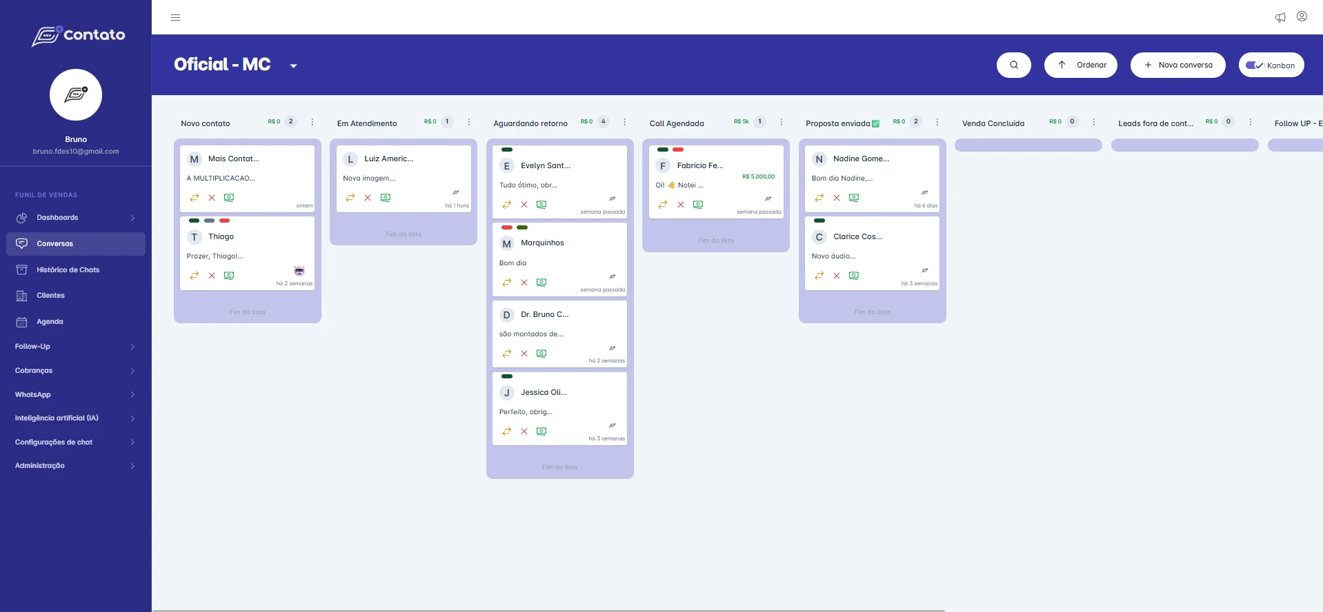 Funil de vendas em Kanban na Mais Contato — leads organizados por etapa no WhatsApp